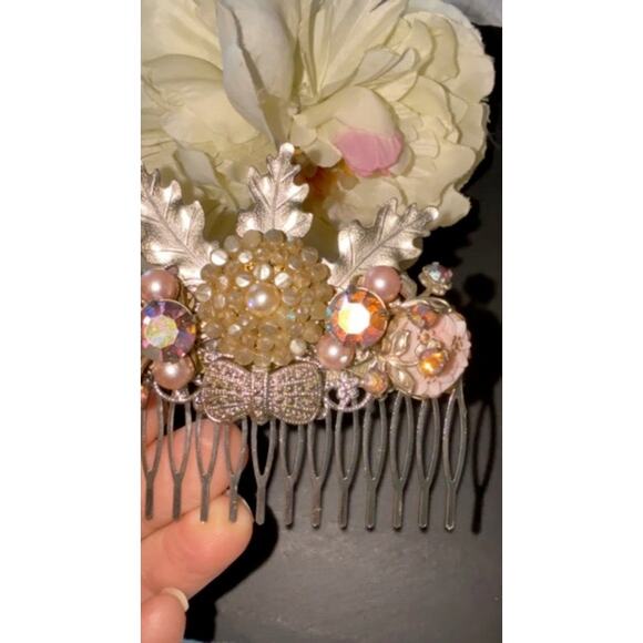 Lavender Bridal Hair Comb Wedding Silver Leaves Pearl Crystal Clip Hairpiece
